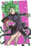  1girl absurdres bare_legs barefoot black_dress black_panties breasts curly_hair dress flipped_hair green_eyes green_hair highres long_sleeves medium_hair nia_(nia4294) one-punch_man panties purple_background small_breasts solo sparkle tatsumaki underwear 