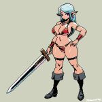  1girl aqua_hair bikini boots breasts cleavage earrings full_body hand_on_own_hip holding holding_sword holding_weapon jewelry large_breasts long_hair mabius navel original pixel_art pointy_ears purple_eyes simple_background solo swimsuit sword weapon 