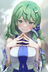  1girl bangs bare_shoulders blue_bow blue_ribbon blue_skirt blurry blurry_background blush bow breasts closed_mouth commentary detached_sleeves frog_hair_ornament green_eyes green_hair hair_ornament hair_tubes hands_up heart highres kochiya_sanae large_breasts long_hair looking_at_viewer nail_polish ribbon ribbon-trimmed_sleeves ribbon_trim shirt simple_background skirt sleeveless sleeveless_shirt smile snake_hair_ornament solo steepled_fingers syuri22 touhou translated very_long_hair wavy_mouth white_shirt wide_sleeves wing_collar yellow_nails 