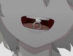  1boy :d absurdres avogado6 commentary diamond_(gemstone) diamond_ring facing_viewer glint grey_hair highres jewelry male_focus mouth_hold open_mouth original ring smile solo wedding_ring 
