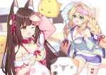  2girls ;d animal_ears azur_lane bangs bed bed_sheet blanket blonde_hair blunt_bangs blurry bow breasts brown_eyes brown_hair casual character_doll choker cleavage collarbone commentary_request depth_of_field detached_collar eyebrows_visible_through_hair flower fox_ears green_eyes hair_between_eyes hair_bow hair_flower hair_ornament hair_ribbon highres jacket le_temeraire_(azur_lane) le_temeraire_(dream_dolce)_(azur_lane) long_hair looking_at_another manjuu_(azur_lane) meowfficer_(azur_lane) multiple_girls nagato_(azur_lane) nagato_(fox_vacation_day)_(azur_lane) objectification official_alternate_costume one_eye_closed open_mouth pajamas pillow pillow_fight ribbon shorts sidelocks smile stuffed_chicken t@ke-g throwing 