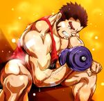 1boy akashi_(live_a_hero) alternate_costume bara bare_pectorals bulge doro_rich dumbbell exercise facial_hair feet_out_of_frame frown goatee live_a_hero long_sideburns male_focus muscular muscular_male paid_reward_available pectorals red_eyes red_hair red_tank_top scar scar_on_face scar_on_nose short_hair sideburns sitting solo sweat tank_top thick_eyebrows veins veiny_arms weightlifting 