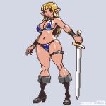  1girl belt bikini blonde_hair blunt_bangs boots breasts full_body grey_background holding holding_sword holding_weapon long_hair mabius navel original pixel_art pointy_ears red_eyes simple_background solo standing swimsuit sword thigh_belt thigh_strap warrior weapon 