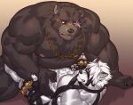  2boys abs animal_ears annoyed bara bear_boy bear_ears belly ben_bigger black_gloves blush chain_necklace claws clenched_teeth english_commentary eyepatch fat fingerless_gloves furry furry_male gloves harness highres istani jewelry looking_at_another male_focus multiple_boys muscular muscular_male muzzle necklace nipples nude one-eyed one_eye_covered paid_reward_available pectorals red_eyes scar scar_across_eye scar_on_face teeth von_lycaon wolf_boy wolf_ears yaoi zenless_zone_zero 