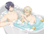  2boys aventurine_(honkai:_star_rail) bath bathtub blonde_hair blue_hair closed_eyes dr._ratio_(honkai:_star_rail) hair_between_eyes highres honkai:_star_rail honkai_(series) light_blush literally1me male_focus multiple_boys neck_tattoo nude open_mouth rubber_duck short_hair smile tattoo water white_background yaoi 