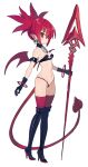  1girl bat_wings breasts choker demon_girl demon_tail demon_wings disgaea earrings elbow_gloves etna_(disgaea) gloves highres holding holding_polearm holding_weapon jewelry makai_senki_disgaea navel pointy_ears polearm red_eyes red_hair red_tail simple_background skull_earrings small_breasts solo some1else45 tail thighhighs twintails weapon white_background wings 