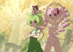  3girls ahoge arms_up bandeau blue_skirt breasts brown_hair closed_mouth commentary_request crossed_arms drill_hair elden_ring erdtree_(elden_ring) fundoshi green_hair hair_ribbon headgear highres japanese_clothes kimono kiritanpo_(food) long_hair looking_ahead low_ponytail mini_person minigirl multiple_girls o_arms on_head onikko_hunter_tsuina-chan open_mouth outdoors pink_hair red_ribbon ribbon shirt short_kimono sidelighting sitting skirt small_breasts smile suspenders touhoku_kiritan tree tsuina-chan twin_drills underwear underwear_only voiceroid voicevox white_bandeau white_kimono white_shirt yamadori_seika yellow_eyes zundamon 