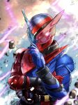  1boy absurdres cloud debris energy highres kamen_rider kamen_rider_build kamen_rider_build_(series) male_focus murasaki_no_ryuuki rider_belt signature solo upper_body 