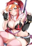  1girl absurdres belt bikini bikini_top black_gloves black_shorts breasts elbow_gloves fingerless_gloves gloves hair_ornament highres large_breasts long_hair navel pink_legwear ponytail red_hair short_shorts shorts single_elbow_glove sitting skull_hair_ornament studded_belt swimsuit tengen_toppa_gurren_lagann thighhighs very_long_hair white_belt yellow_eyes yoko_littner yuu-kun_(linke_hand) 