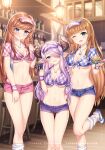  3girls ;d anne_(shingeki_no_bahamut) bangs bar blue_eyes blue_shirt blue_shorts blunt_bangs braid breasts brown_hair burger cleavage closed_mouth commentary_request crop_top demon_horns eyebrows_visible_through_hair food front-tie_top granblue_fantasy green_eyes hair_over_one_eye highres holding holding_tray horns indoors jewelry lecia_(granblue_fantasy) leg_up long_hair looking_at_viewer loose_socks medium_breasts micro_shorts midriff multiple_girls narmaya_(granblue_fantasy) navel necklace one_eye_closed open_mouth pink_shirt pink_shorts plaid plaid_shirt pointy_ears purple_hair purple_shirt purple_shorts revealing_clothes sannio shingeki_no_bahamut shirt shoes short_shorts shorts sidelocks smile standing standing_on_one_leg stomach stool swept_bangs thighs tray very_long_hair visor_cap wooden_floor 