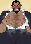  1boy abs absurdres alternate_body_hair alternate_facial_hair bara bare_pectorals beard black_hair blush bulge cowboy_shot dark-skinned_male dark_skin erection erection_under_clothes facial_hair flexing_pectorals forked_eyebrows full_beard grin hairy handlebar_mustache highres huwenlang jigokuraku large_pectorals long_mustache male_focus mature_male muscular muscular_male necktie nipples official_alternate_costume old old_man pants pectorals short_hair smell smile solo suit sweat tamiya_gantetsusai thick_arm_hair thick_beard thick_chest_hair thick_eyebrows thick_navel_hair thick_thighs thighs undone_necktie undressing very_hairy very_sweaty 