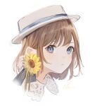  1girl bangs black_ribbon blue_eyes boater_hat brown_hair closed_mouth commentary expressionless face flower hair_ribbon hat highres ikoan looking_at_viewer original portrait ribbon short_hair signature simple_background solo sunflower white_background white_headwear yellow_flower 