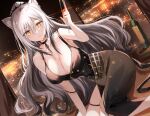  1girl animal_ears arknights bangs bare_shoulders black_choker black_footwear blush breasts choker cup dress eyebrows_visible_through_hair highres kinona kneeling large_breasts looking_at_viewer orange_eyes parted_lips schwarz_(arknights) silver_hair sleeveless smile solo thigh_strap 