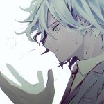  1boy bangs closed_mouth collared_shirt commentary_request danganronpa_(series) danganronpa_3_(anime) from_side grey_hair hands_up highres jacket komaeda_nagito looking_down male_focus messy_hair necktie profile shirt short_hair simple_background solo upper_body watase_(wataxx) white_background 