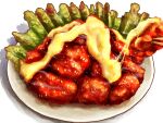  chicken_(food) food food_focus highres kaneko_ryou meat no_humans original plate sauce simple_background still_life white_background 