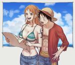  1boy 1girl arm_tattoo bikini bikini_top_only black_eyes black_hair cloud cloudy_sky commentary_request earrings hat highres holding holding_map hurumori jewelry long_hair map monkey_d._luffy nami_(one_piece) one_piece open_clothes open_mouth orange_hair outdoors red_shirt scar scar_on_cheek scar_on_chest scar_on_face shirt short_hair sky smile standing straw_hat swimsuit tattoo teeth 