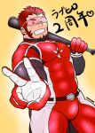  1boy absurdres akashi_(live_a_hero) anniversary bara baseball_bat bodysuit bulge cowboy_shot facial_hair from_below goatee grin highres holding holding_baseball_bat live_a_hero long_sideburns looking_at_viewer male_focus muscular muscular_male outstretched_arm pectorals red_bodysuit red_eyes red_hair scar scar_on_face scar_on_nose short_hair sideburns smile solo strongman_waist thick_eyebrows translation_request tunataro_(27taro1) v 