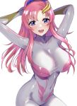  1girl absurdres blue_eyes blush bodysuit bracket breasts gucchimax gundam gundam_seed gundam_seed_freedom hair_ornament highres lacus_clyne large_breasts long_hair looking_at_viewer open_mouth pilot_suit pink_hair skin_tight smile solo 
