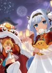  2girls absurdres animal_ears animal_hat architecture arm_up arms_up azur_lane baozi black_shorts blonde_hair blue_eyes blush_stickers building closed_eyes double_bun dragon_horns dragon_tail dress east_asian_architecture fireworks food hair_bun hair_ornament hairband hat highres horns hu_pen_(azur_lane) lantern leg_up long_hair looking_at_viewer lung_wu_(azur_lane) manjuu_(azur_lane) midriff mouth_hold multiple_girls navel night night_sky open_mouth outdoors pantyhose pom_pom_(clothes) pom_pom_hair_ornament red_shirt see-through see-through_dress shirt short_hair short_shorts shorts skirt sky smile soul_(dp11) standing standing_on_one_leg tail tiger_ears tiger_girl tiger_tail v white_dress white_hair white_pantyhose white_shirt 