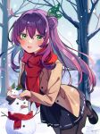  1girl absurdres black_dress blush breasts brown_jacket dress green_eyes hair_between_eyes hair_bun hair_ornament highres jacket long_hair long_sleeves open_mouth original pantyhose purple_hair red_scarf scarf single_hair_bun snow snowman solo tree yaruwashi 