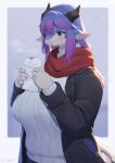 2024 5_fingers anthro big_breasts blue_eyes breasts clothed clothing dragon female fingers food fully_clothed hair hi_res highlights_(coloring) holding_food holding_object horn kemono lanya_(shian) long_hair purple_hair red_scarf scarf shaded shian signature solo steamed_bun sweater topwear wingless_dragon