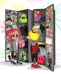  1boy 1girl :d agent_3_(splatoon) agent_8_(splatoon) black_eyes black_footwear black_hoodie black_pants black_shirt blonde_hair blue_headwear blush book calendar_(object) closed_eyes clothes_hanger commentary cup dress english_commentary from_behind grey_sweater heart high-visibility_vest highres hood hoodie locker looking_at_another looking_back looking_down mug octoling_boy octoling_girl octoling_player_character pants photo_(object) red_dress red_footwear red_hair shirt shoes shorts smile sneakers splatoon_(series) stuffed_toy suction_cups sweater tentacle_hair unamused yurami18 