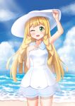  1girl ;d arm_up blonde_hair blush braid cloud collared_dress commentary_request day dress els_(ljhlee12) eyelashes green_eyes hand_on_headwear hand_up hat highres korean_commentary lillie_(pokemon) long_hair one_eye_closed open_mouth outdoors pokemon pokemon_sm sand shore sky sleeveless sleeveless_dress smile solo sun_hat twin_braids water white_dress white_headwear 