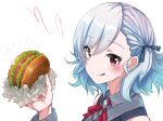  1girl :q bangs black_ribbon blush burger commentary_request eyebrows_visible_through_hair food from_side girls&#039;_frontline hair_ribbon heart highres holding holding_food licking_lips looking_at_viewer portrait red_eyes red_ribbon ribbon short_hair silver_hair smile solo spas-12_(girls&#039;_frontline) tete3873 tongue tongue_out white_background 