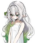  1girl blush braid collarbone dress flower-shaped_pupils genshin_impact green_eyes hair_intakes highres hirarinoie leaf long_hair nahida_(genshin_impact) open_mouth pointy_ears sidelocks sleeveless sleeveless_dress smile solo symbol-shaped_pupils upper_body white_dress white_hair 