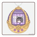  1girl akemi_homura anger_vein animal_ears black_hair black_hairband blush_stickers brand_name_imitation cat_ears chibi hairband highres jitome light_frown mahou_shoujo_madoka_magica mahou_shoujo_madoka_magica_(anime) purple_eyes solo soul_gem spoken_anger_vein tamagotchi twitter_username yuno385 