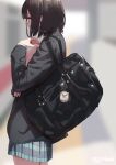  1girl bag black_bag black_jacket blurry blurry_background brown_hair jacket jonsun long_sleeves looking_at_viewer misaki_(jonsun) original plaid plaid_skirt profile school_bag school_uniform short_hair skirt solo twitter_username 