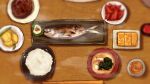  bowl fish_(food) food food_focus grilled_fish highres kaneko_ryou meat no_humans original plate sauce still_life table wooden_table 