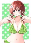  1girl absurdres bikini blue_eyes breasts brown_hair cleavage closed_mouth collarbone drill_hair emma_verde flower freckles green_bikini hair_flower hair_ornament highres jewelry large_breasts long_hair looking_at_viewer love_live! love_live!_nijigasaki_high_school_idol_club medium_hair necklace ririn_(ririn_501) smile solo swimsuit twin_drills upper_body 