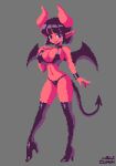  1girl bikini black_bikini black_hair blunt_bangs bob_cut boots breasts cleavage colored_skin demon_girl demon_horns demon_tail demon_wings full_body high_heel_boots high_heels horns large_breasts looking_at_viewer mabius original pixel_art pointy_ears red_skin simple_background smile solo standing swimsuit tail thigh_boots wings 