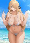  1girl absurdres bangs bare_shoulders beach bikini blonde_hair blue_hair blush breasts cleavage collarbone cynthia_(pokemon) hair_ornament hair_over_one_eye hands_up highres large_breasts long_hair looking_at_viewer navel ocean parted_lips pokemon pokemon_(game) pokemon_dppt shore sidelocks smile solo swimsuit thighs white_bikini yellow_eyes zaphn 