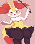  1girl animal_ear_fluff animal_ears animal_nose black_fur blush body_fur braixen bright_pupils commentary fang flat_chest fox_ears fox_girl fox_tail furry furry_female hands_up happy heart highres holding holding_stick looking_at_viewer multicolored_fur navel neck_fur open_mouth pink_background pokemon pokemon_(creature) red_eyes sakuyan_(sakuyan1007) smile snout solo standing stick stomach tail thick_thighs thighs white_fur white_pupils wide-eyed wide_hips yellow_fur 