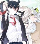  2boys animal_ears bangs black_eyes black_hair bright_pupils brown_sweater_vest cat_boy cat_ears collared_shirt commentary double_bun green_eyes highres holding holding_phone jacket looking_at_viewer luoxiaohei male_focus medium_hair multiple_boys necktie nezha_(the_legend_of_luoxiaohei) older phone red_neckwear shirt shirt_tucked_in short_hair symbol-only_commentary the_legend_of_luo_xiaohei upper_body white_hair white_pupils white_shirt yapnaso 