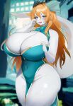 absurd_res anthro big_breasts biped blonde_hair blush breasts cleavage clothed clothing dragon eyelashes female hair hi_res huge_breasts kakuteki11029 pupils smile solo thick_thighs white_body