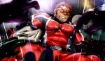  1boy akashi_(live_a_hero) bara bodysuit bound bound_arms bulge defeat doro_rich facial_hair goatee large_pectorals live_a_hero long_sideburns male_focus muscular muscular_male one_eye_closed pectorals red_bodysuit red_eyes red_hair scar scar_on_face scar_on_nose short_hair sideburns solo_focus spread_legs superhero surrounded_by_hands thick_eyebrows umbrakinesis 