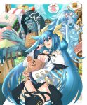  2girls bag blue_hair bread dizzy_(guilty_gear) food guilty_gear guilty_gear_xrd hair_ornament highres long_hair mariebell multiple_girls necro_(guilty_gear) open_mouth paper_bag red_eyes twintails undine_(guilty_gear) wings 