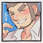  1boy ^_^ aged_up alternate_facial_hair bara blush closed_eyes collared_shirt ear_blush facial_hair facing_viewer finger_to_cheek goatee_stubble huge_eyebrows igarashi_(igarashi_ta) long_sideburns lowres male_focus mustache_stubble portrait protagonist_3_(housamo) shirt short_hair sideburns solo stubble tokyo_afterschool_summoners 