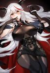  1girl absurdres aegir_(azur_lane) azur_lane bangs bare_shoulders black_dress black_gloves black_legwear blush breast_curtains breasts cape commentary covered_navel dress eyebrows_visible_through_hair gloves highres horns large_breasts loincloth looking_at_viewer lying marumai multicolored_hair on_back open_clothes red_hair shiny shiny_clothes short_dress silver_hair simple_background sleeveless smile thighhighs two-tone_hair 