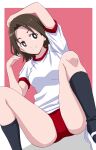  1girl absurdres arm_up black_socks bright_pupils brown_eyes brown_hair buruma closed_mouth commentary dutch_angle girls_und_panzer gym_shirt gym_uniform hand_on_own_head highres looking_at_viewer parted_bangs pink_background ponzu_rui red_buruma sawa_azusa shirt shoes short_hair short_sleeves sitting smile socks solo t-shirt uwabaki white_pupils white_shirt 