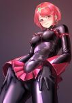  1girl bad_end_precure black_bodysuit black_gloves blush bodysuit breasts closed_mouth cowboy_shot earrings elbow_gloves gloves headband highres jewelry kilye_kairi latex latex_bodysuit latex_gloves looking_at_viewer medium_breasts microskirt pyra_(xenoblade) red_eyes red_hair red_skirt skin_tight skirt solo standing xenoblade_chronicles_(series) xenoblade_chronicles_2 
