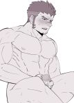  1boy akashi_(live_a_hero) bad_id bad_pixiv_id bara blush censored completely_nude facial_hair goatee greyscale half-closed_eyes live_a_hero long_sideburns male_focus male_masturbation masturbation monochrome mosaic_censoring muscular muscular_male nude oskn_tengoku pectorals penis scar scar_on_face scar_on_nose short_hair sideburns sitting solo thick_eyebrows thighs torogao 