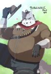 2024 absurd_res anthro belly big_belly bottomwear canid canine canis clothing grey_body hat headgear headwear hi_res humanoid_hands japanese_text kemono male mammal overweight overweight_male pants solo take_tsugu_roh text wolf