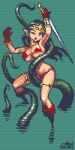  1girl bikini black_hair boots breasts gloves green_background holding holding_sword holding_weapon large_breasts long_hair lowres mabius navel one_eye_closed open_mouth original pixel_art pointy_ears red_bikini red_gloves swimsuit sword tentacles weapon 