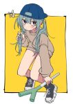  1girl 3774. alternate_costume aqua_eyes aqua_hair backwards_hat bare_legs baseball_cap blue_headwear bottomless brown_sweater casual food hair_between_eyes hand_in_own_hair hat hatsune_miku holding holding_food holding_hair holding_spring_onion holding_vegetable long_hair looking_at_viewer platform_footwear red_nails simple_background solo spring_onion star_(symbol) streetwear sweater thighs twintails v-shaped_eyebrows vegetable vocaloid yellow_background 