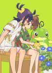  1boy 1girl bench black_hair blush brown_eyes brown_hair closed_mouth commentary_request flower green_background green_shirt green_shorts highres juliana_(pokemon) kieran_(pokemon) multicolored_hair nai_gai_hongcha pokemon pokemon_(creature) pokemon_sv politoed psyduck purple_hair shirt short_sleeves shorts sitting smile themed_object two-tone_hair watering white_shirt white_shorts 