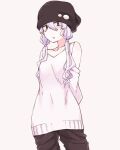  1girl alternate_costume arms_behind_back beanie black_headwear black_pants blush character_request check_character clothing_cutout collarbone commentary_request cowboy_shot hair_between_eyes hat highres mochi_(mochi444420) pants parted_lips pink_hair purple_eyes short_hair_with_long_locks shoulder_cutout solo standing sweater v-neck vocaloid voiceroid white_sweater yuzuki_yukari yuzuki_yukari_(lin) 